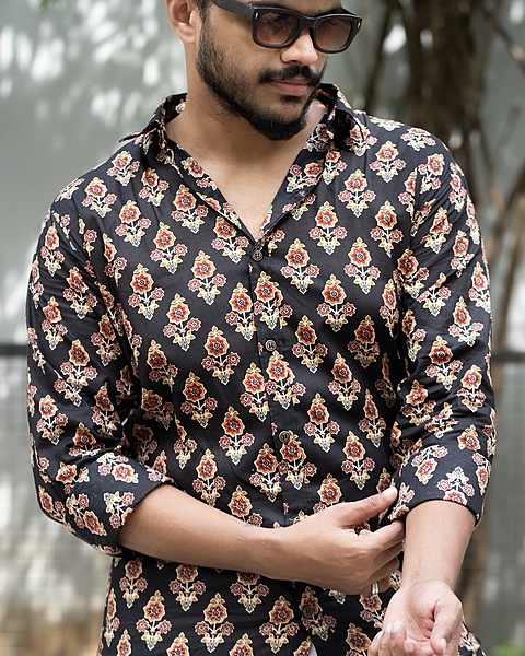 Rawscal Black Ethnic Motif Men’s Printed Cotton Shirt | Full Sleeves