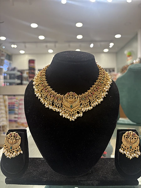 Traditional Antique Necklace set with Lakshmi Motifs with Ruby & Emerald Stones