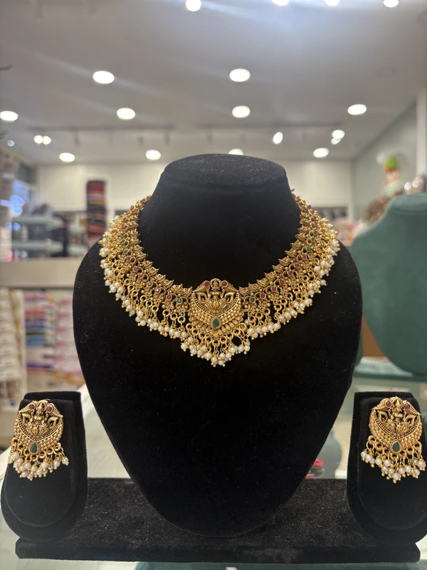 Traditional Antique Necklace set with Lakshmi Motifs with Ruby & Emerald Stones
