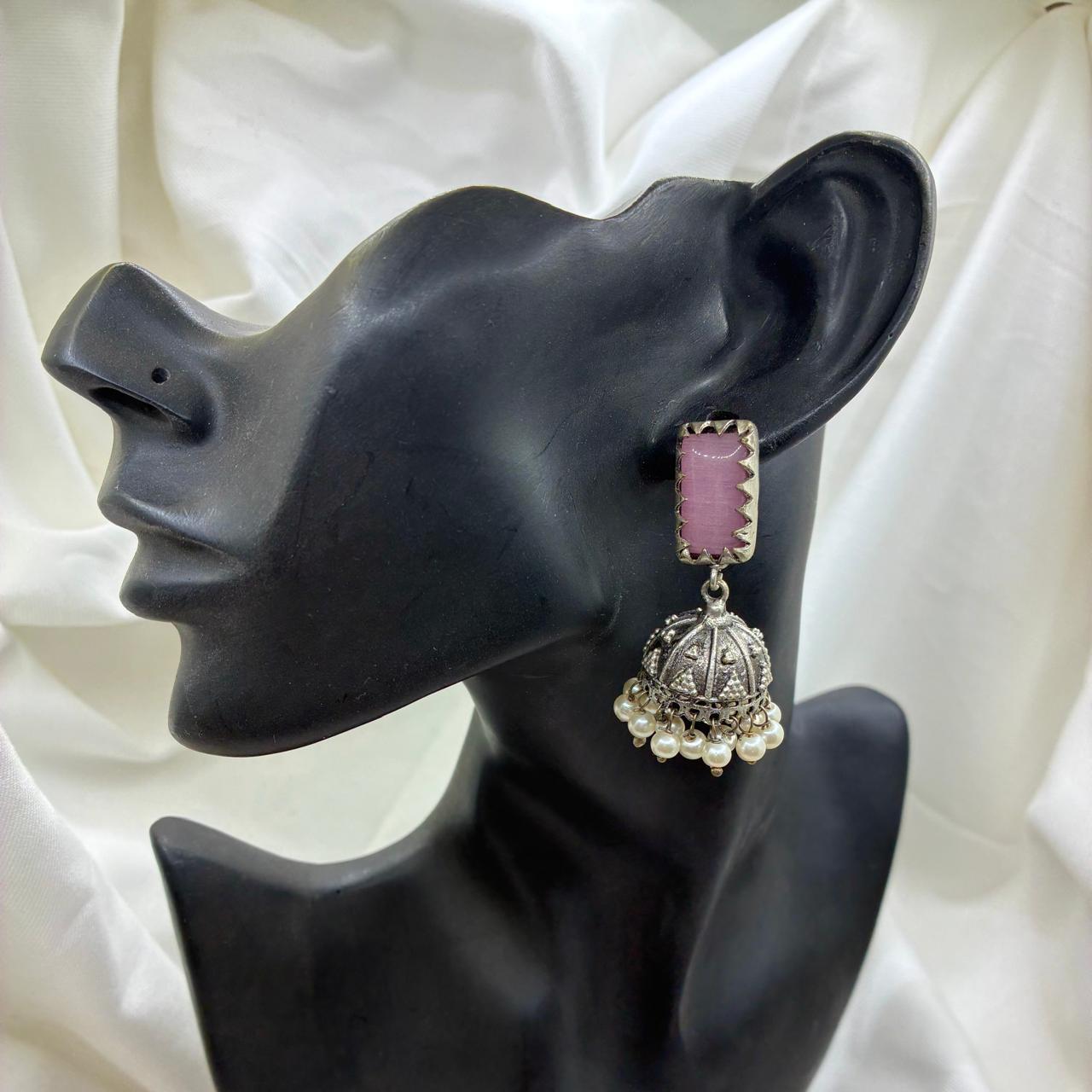 Silver plated Brass Earrings (Pink) #19