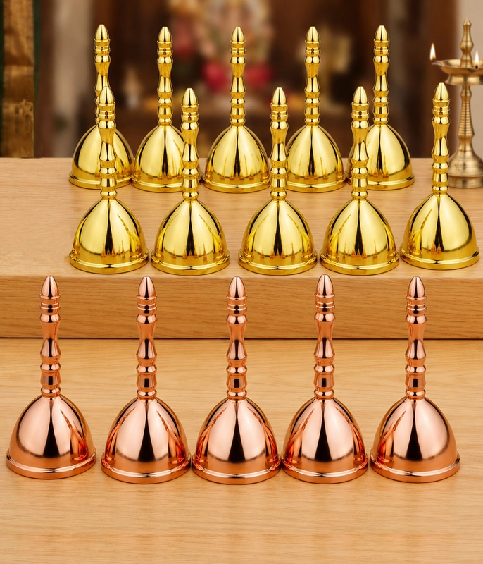 CamelCase 15 Pcs 100% Pure  Brass Pooja Bell (4.5 Inch) - Gold & Rose Gold Lacquer Finishes (Dhwani)