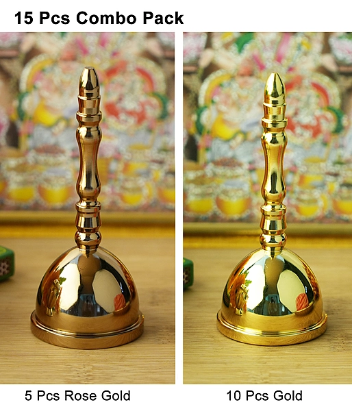 CamelCase 15 Pcs 100% Pure Brass Pooja Bell (4.5 Inch) - Gold & Rose Gold Lacquer Finishes (Dhwani)