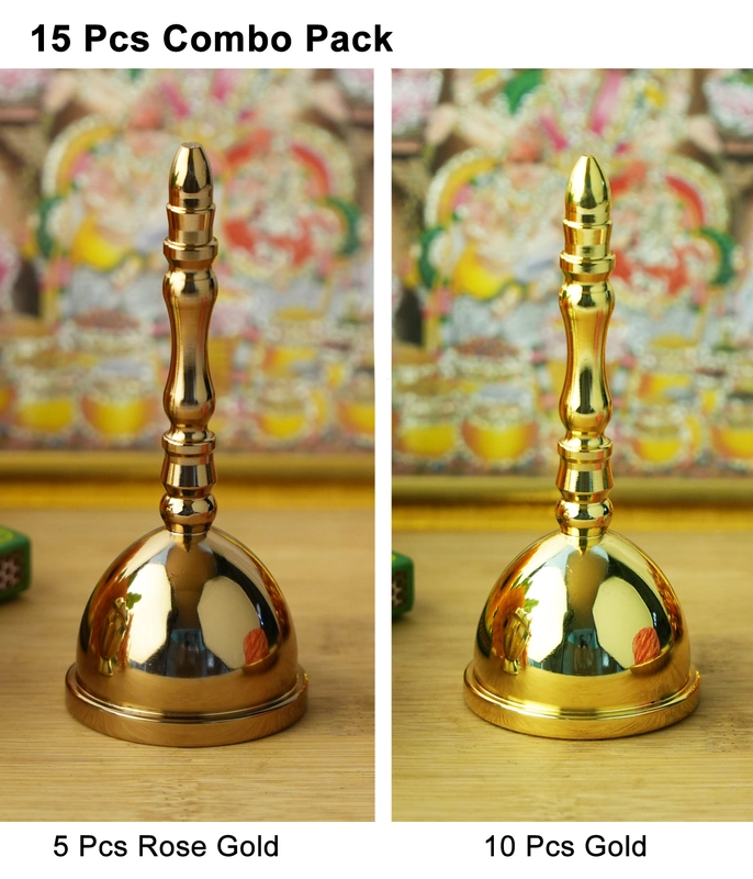 CamelCase 15 Pcs 100% Pure  Brass Pooja Bell (4.5 Inch) - Gold & Rose Gold Lacquer Finishes (Dhwani)