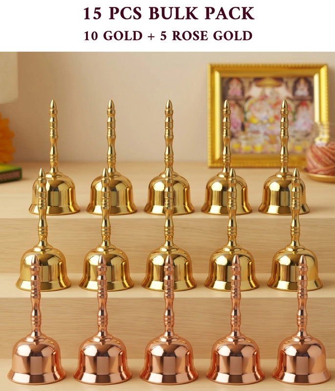 CamelCase 15 Pcs 100% Pure Brass Pooja Bell - Gold & Rose Gold Lacquer Finishes