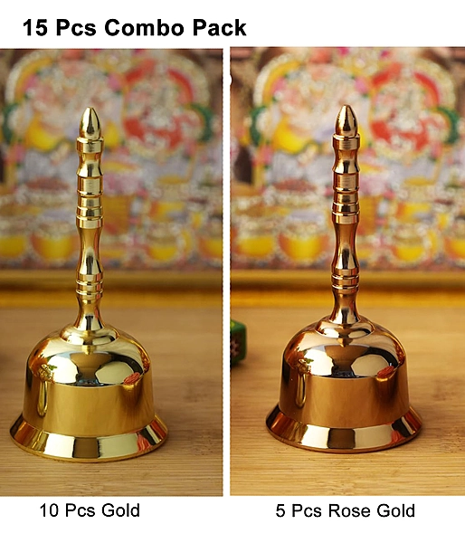 CamelCase 15 Pcs 100% Pure Brass Pooja Bell - Gold & Rose Gold Lacquer Finishes