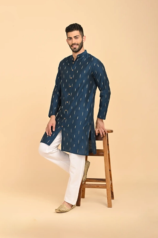 Men Jacquard Full Open Long Kurta - Blue