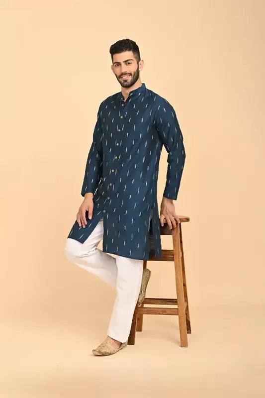 Men Jacquard Full Open Long Kurta - Blue