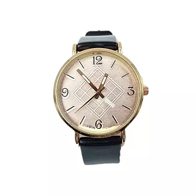 Elegant Rose Gold Geometric Dial Watch - Black Leather Strap