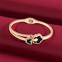 Dainty Floral Bangle Bracelet with Black Enamel and Crystal