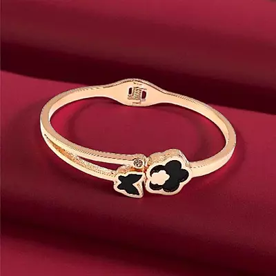 Dainty Floral Bangle Bracelet with Black Enamel and Crystal