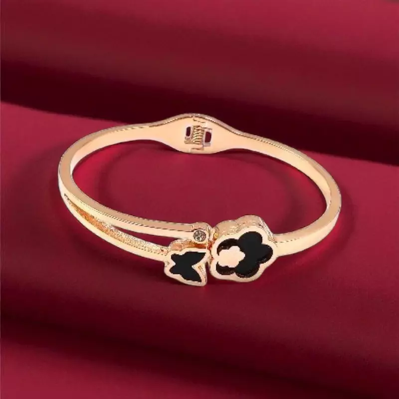 Dainty Floral Bangle Bracelet with Black Enamel and Crystal