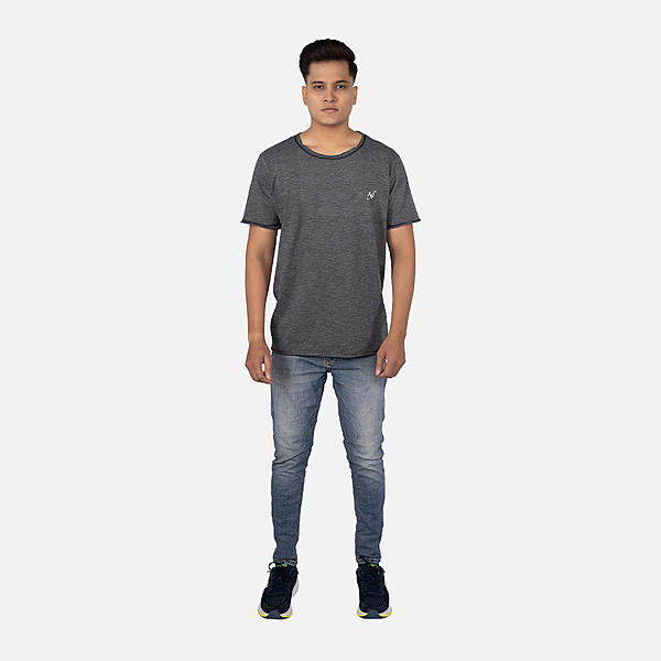 Men Charcoal Heather Raw Edge Crew Neck T-shirt
