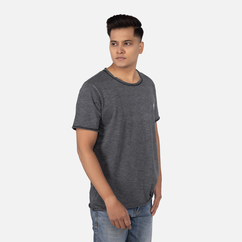 Men Charcoal Heather Raw Edge Crew Neck T-shirt
