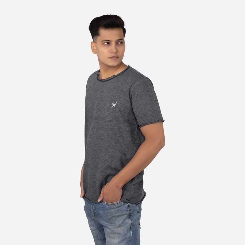 Men Charcoal Heather Raw Edge Crew Neck T-shirt