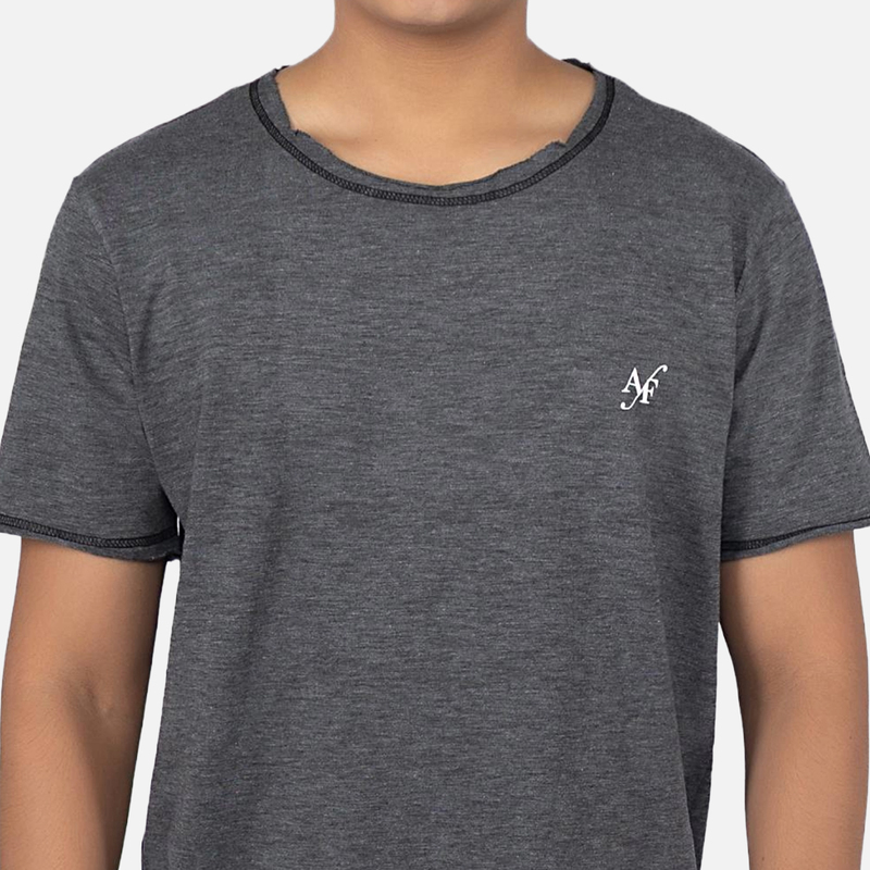 Men Charcoal Heather Raw Edge Crew Neck T-shirt