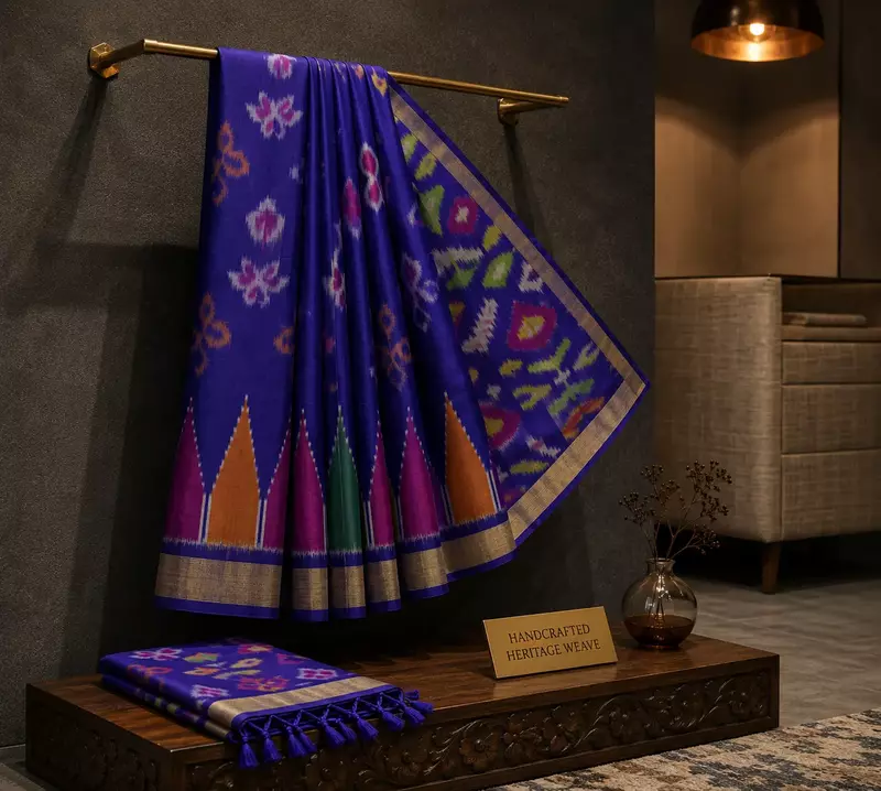 Purple Silk Saree with Multicolor Ikat Border and ikat blouse | Handwoven Ikat Silk Saree