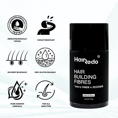Hairedo Pure Keratin Hair Fibers 11.5g Classical Pack (Natural Black) | Instant Hair Thickening | No Root Blockage | 100% Water Soluble & Sweat Resistant