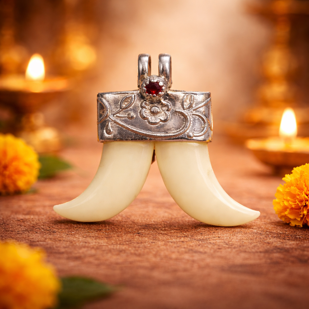 Sterling Silver Faux Ivory Tiger Tooth Pendant | Artificial Ivory Double Tooth Design with Red Stone