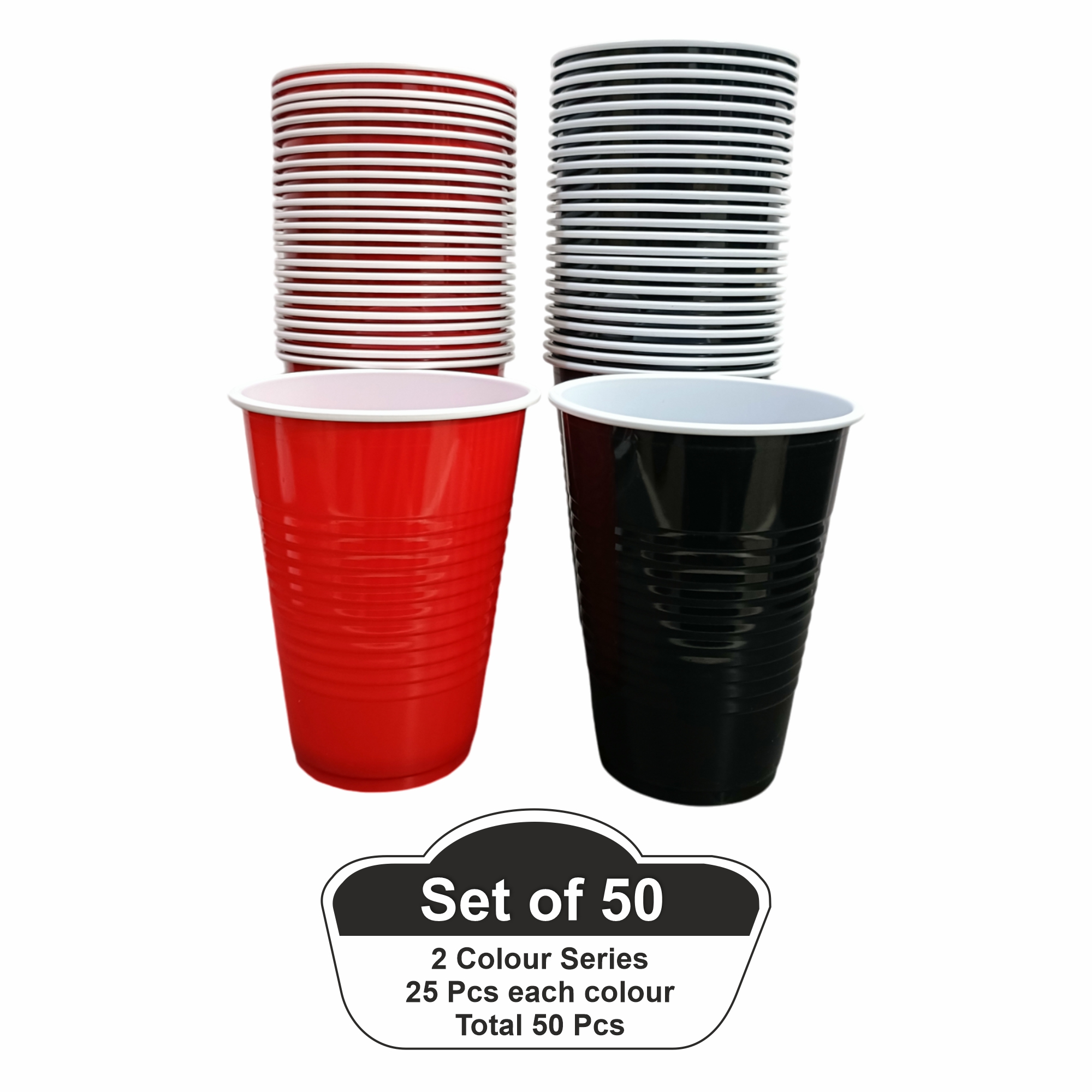 Red & Black Combo Set of 50 - 450ml Beer Pong Glasses | Reusable Drinking Glasses for Party Bachelor Wedding & Retirement Celebrations |25 pcs Each Color