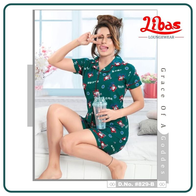 Sherpa Green Rayon Women Shorts Set With Bear Prints & Button Closure By Libas Loungewear - SPS013 Sherpa Green Rayon Women Shorts Set With Bear Prints & Button Closure By Libas Loungewear - SPS013