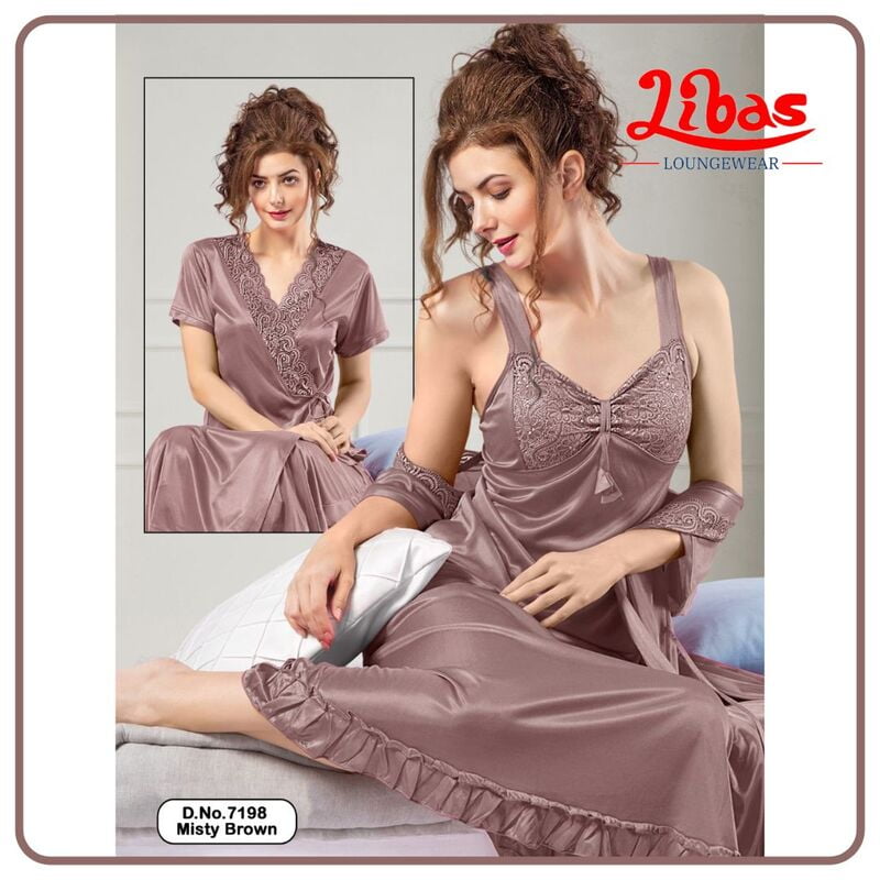 Plain Misty Brown Satin Two Piece Fancy Nighty From Libas Loungewear - FCN135 Plain Misty Brown Satin Two Piece Fancy Nighty From Libas Loungewear - FCN135