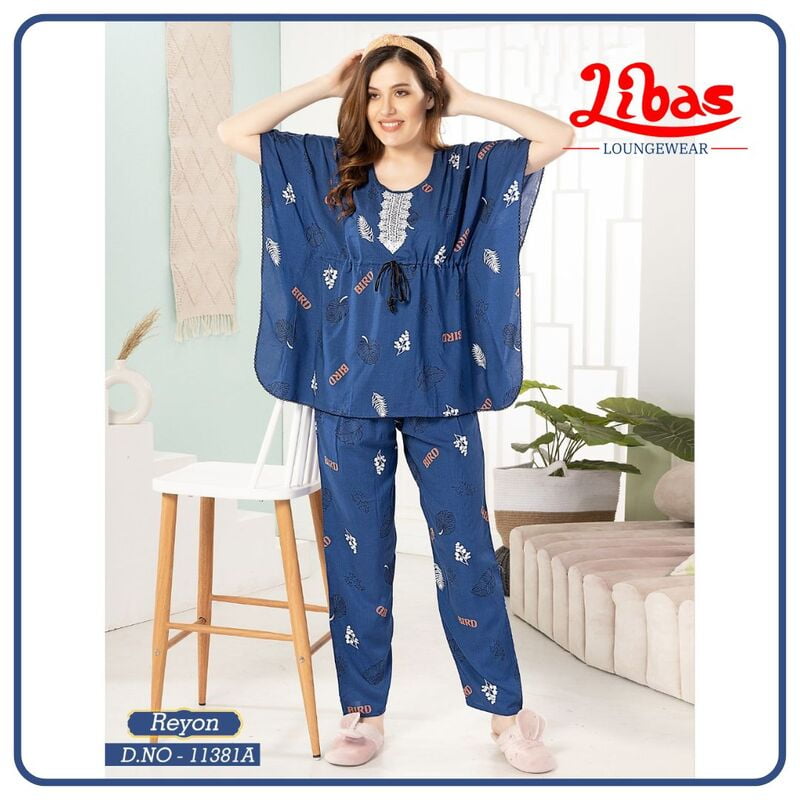 Fun Blue Premium Rayon Kaftan Night Suit With Feather & Leaf Print From Libas Loungewear - KNS04 Fun Blue Premium Rayon Kaftan Night Suit With Feather & Leaf Print From Libas Loungewear - KNS04