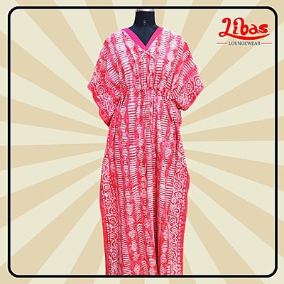 Pure Pink Cotton Kaftan Nighty With Floral Design From Libas Loungewear - KF380 Pure Pink Cotton Kaftan Nighty With Floral Design From Libas Loungewear - KF380