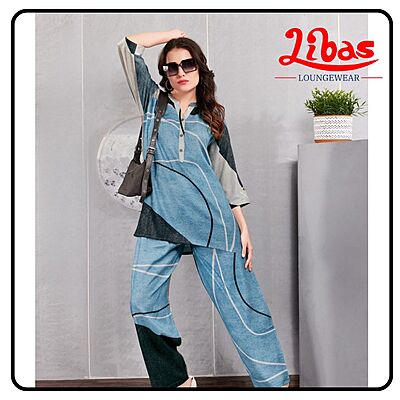 Steel Blue Chic Print Top & Bottom Hosiery Cotton Women Night Suit From Libas Loungewear- FPS152