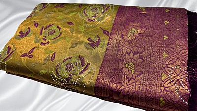 Rozy Stone Work Silk Saree - Leaf Green & Dark Plum Rozy Stone Work Silk Saree - Leaf Green & Dark Plum