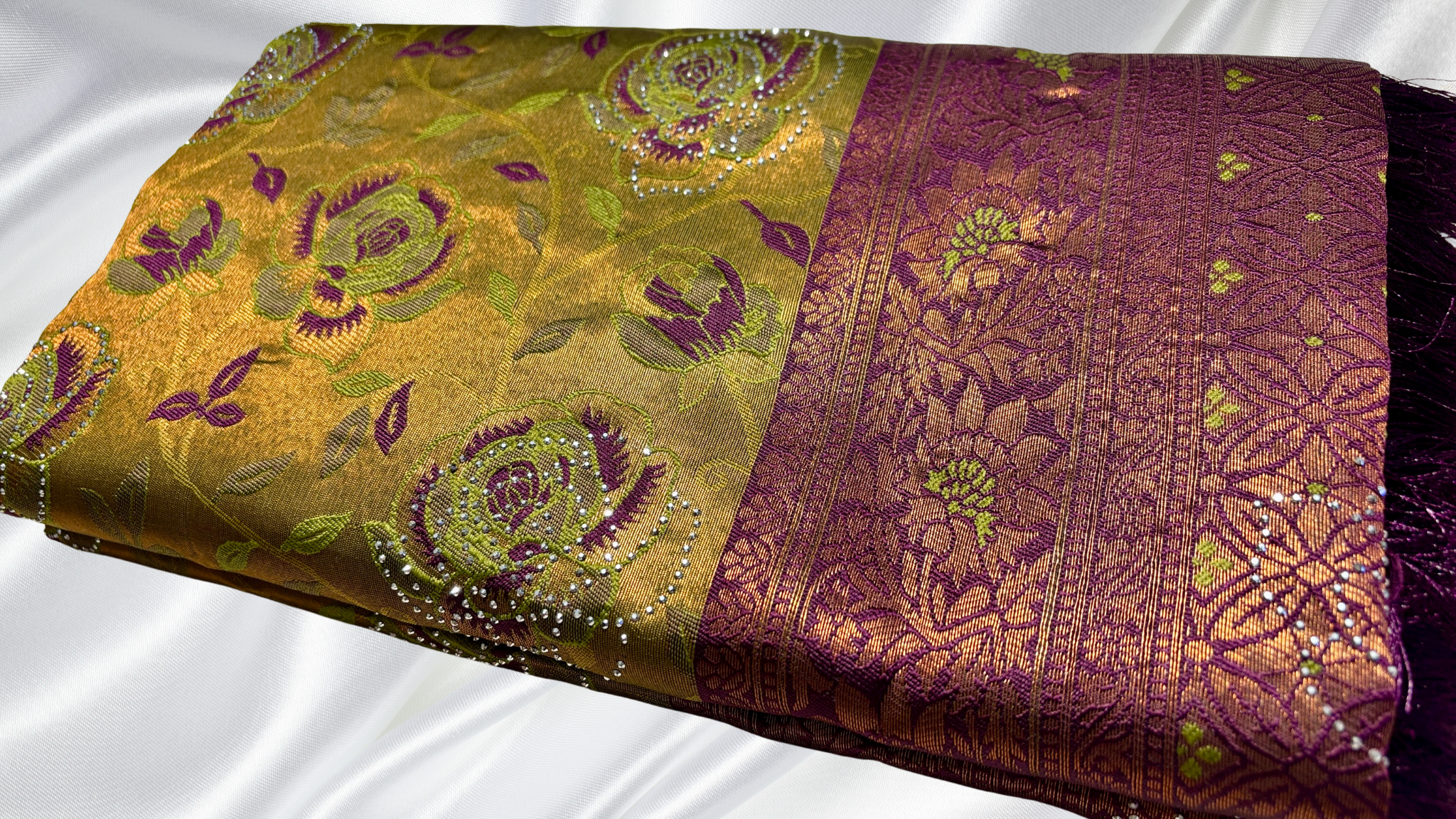 Rozy Stone Work Silk Saree - Leaf Green & Dark Plum