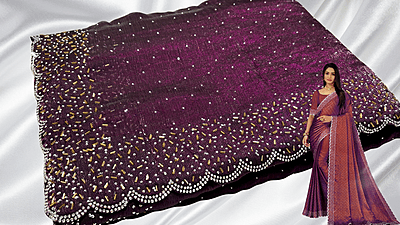 Space Silk Cut Stone Work Designer Saree - Black Purple