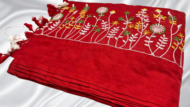 Khadi Cotton Floral Embroidery Saree - Red
