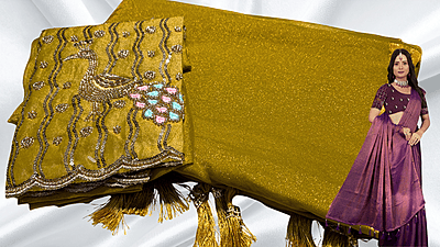 Winter Peacock Aari Cut Work Saree - Mustard