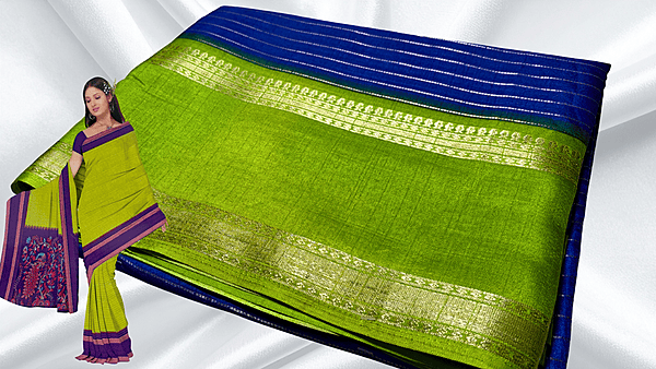 Tiger Silk Gold Jari Saree - Dark Blue & Green