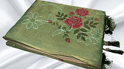 Tissue Silk Thread Work Aari Saree - Sage Green