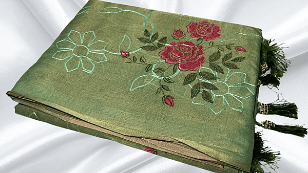 Tissue Silk Thread Work Aari Saree - Sage Green