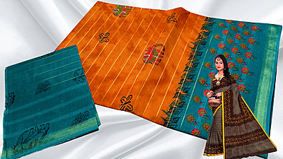Batik Jari Pure Cotton Saree - Orange & Aqua Green Batik Jari Pure Cotton Saree - Orange & Aqua Green