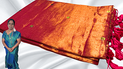 Khadi Tissue Mirror Work Saree - Orange Pink Gold