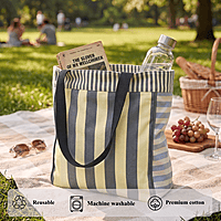 Stylish Striped Tote Bag with Inner Pocket - Cream and Grey Combo
