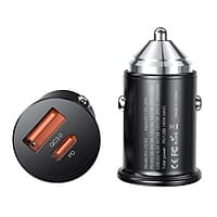Champion 45W PD QC 3.0 Car Charger – Dual Port Type-C & USB Fast Charging for Phones and Tablets (Black)