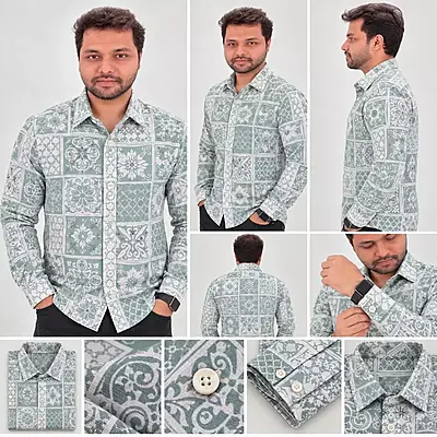 Mint Green White Patchwork Floral Geometric Print Full Sleeve Cotton Shirt 4837