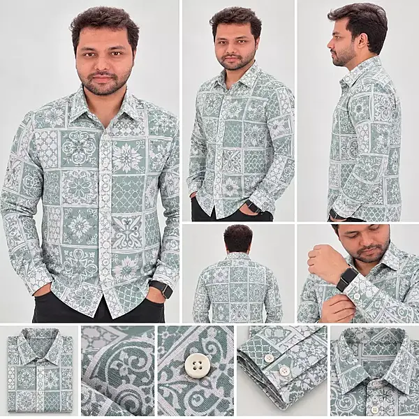 Mint Green White Patchwork Floral Geometric Print Full Sleeve Cotton Shirt 4837