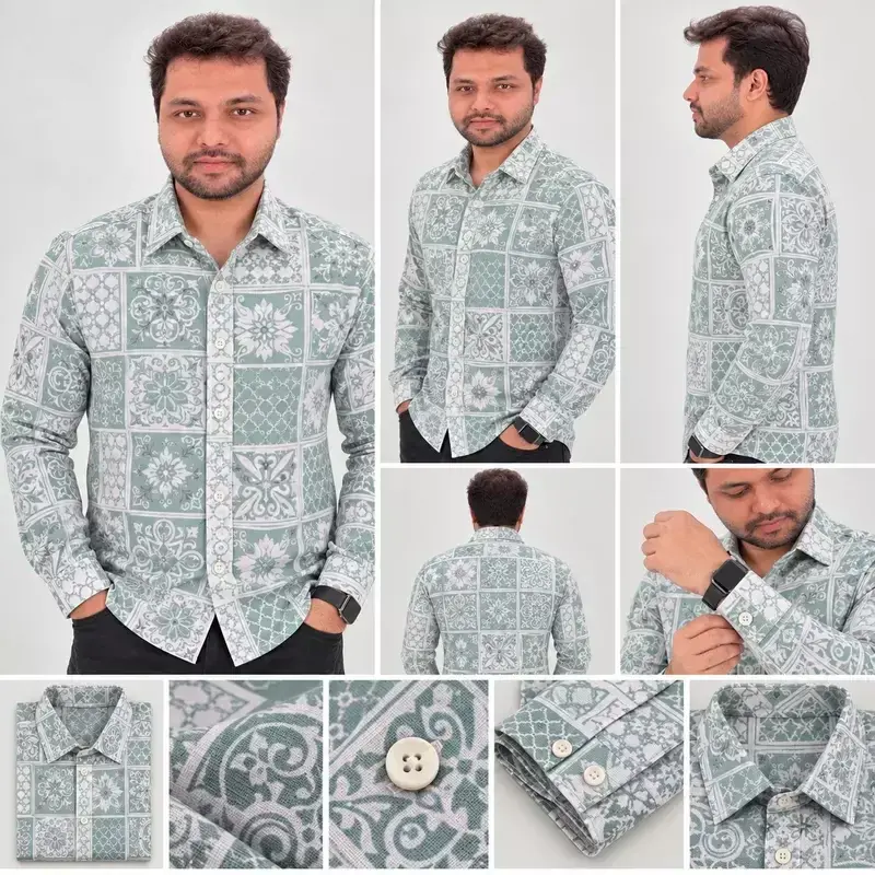 Mint Green White Patchwork Floral Geometric Print Full Sleeve Cotton Shirt 4837