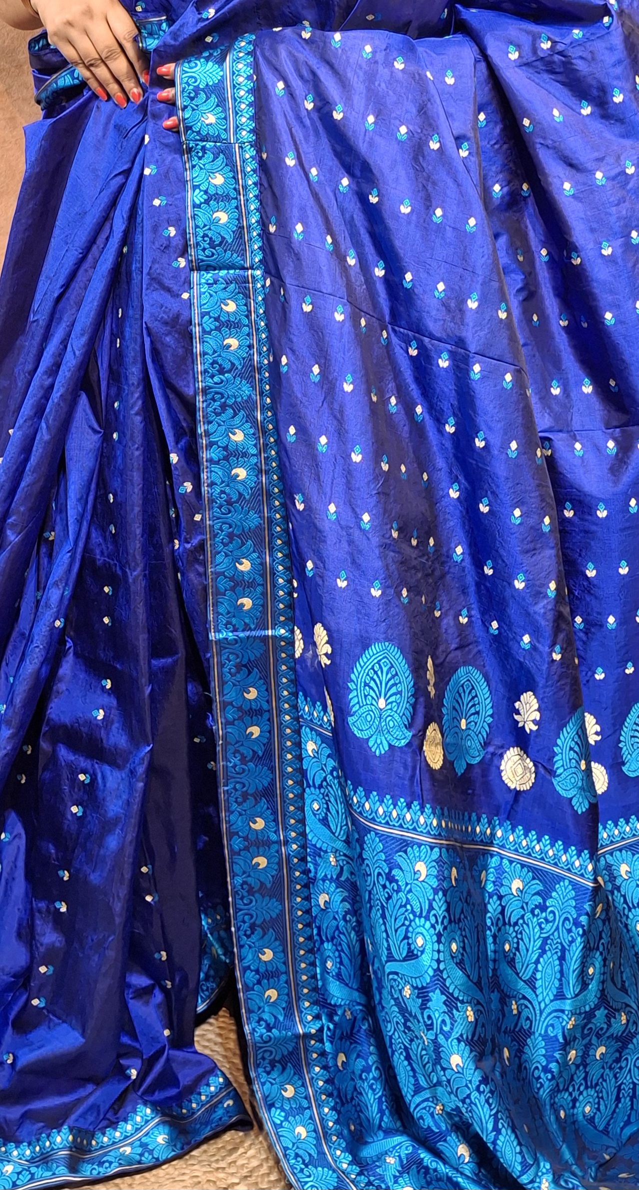 Authentic Assam Paat Silk Saree with Royal Blue and Aubergine Purple Combination