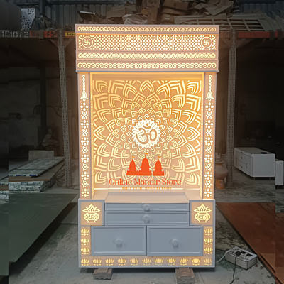 Premium Corian Mandir with 3D Design and LED Lighting Premium Corian Mandir with 3D Design and LED Lighting
