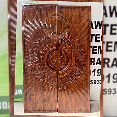 Double Teak Wood 3D Design Door with PU Polish – Sunburst Carving (2.5ft x 8ft each panel)