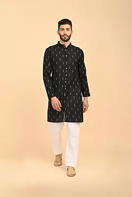 Men Jacquard Full Open Long Kurta - Black