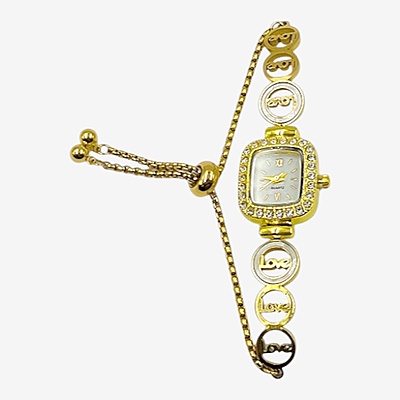 Women's Gold "Love" Bracelet Watch with Crystal Bezel