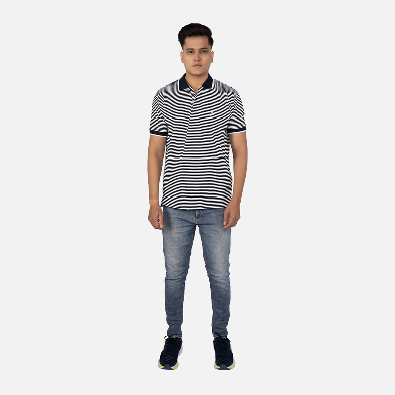 Men Indigo Blue Stripe Polo Neck T-shirt