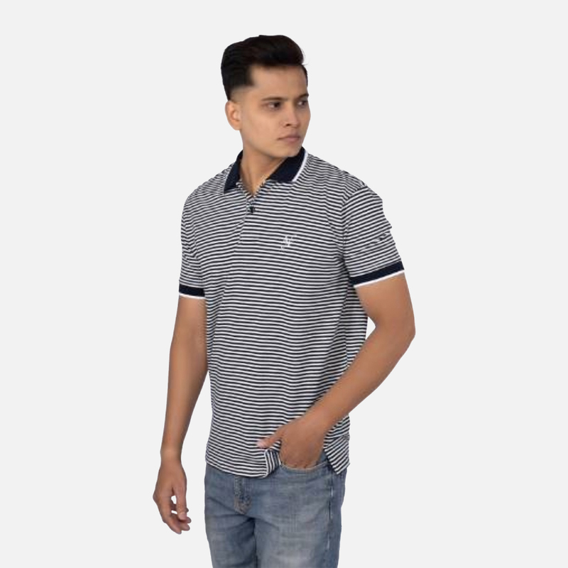 Men Indigo Blue Stripe Polo Neck T-shirt